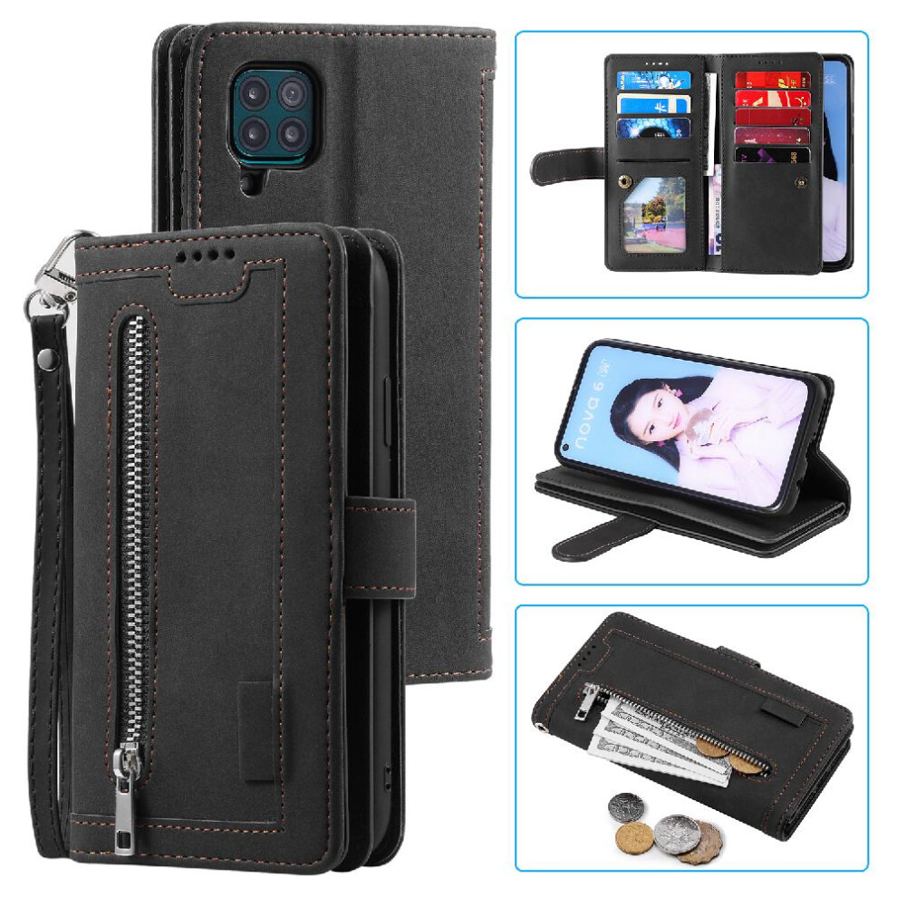 (Black) Flip Case For Huawei P40 Lite Pu Leather Wallet Lanyard Kickstand 9 Card Slots Black 764762744465