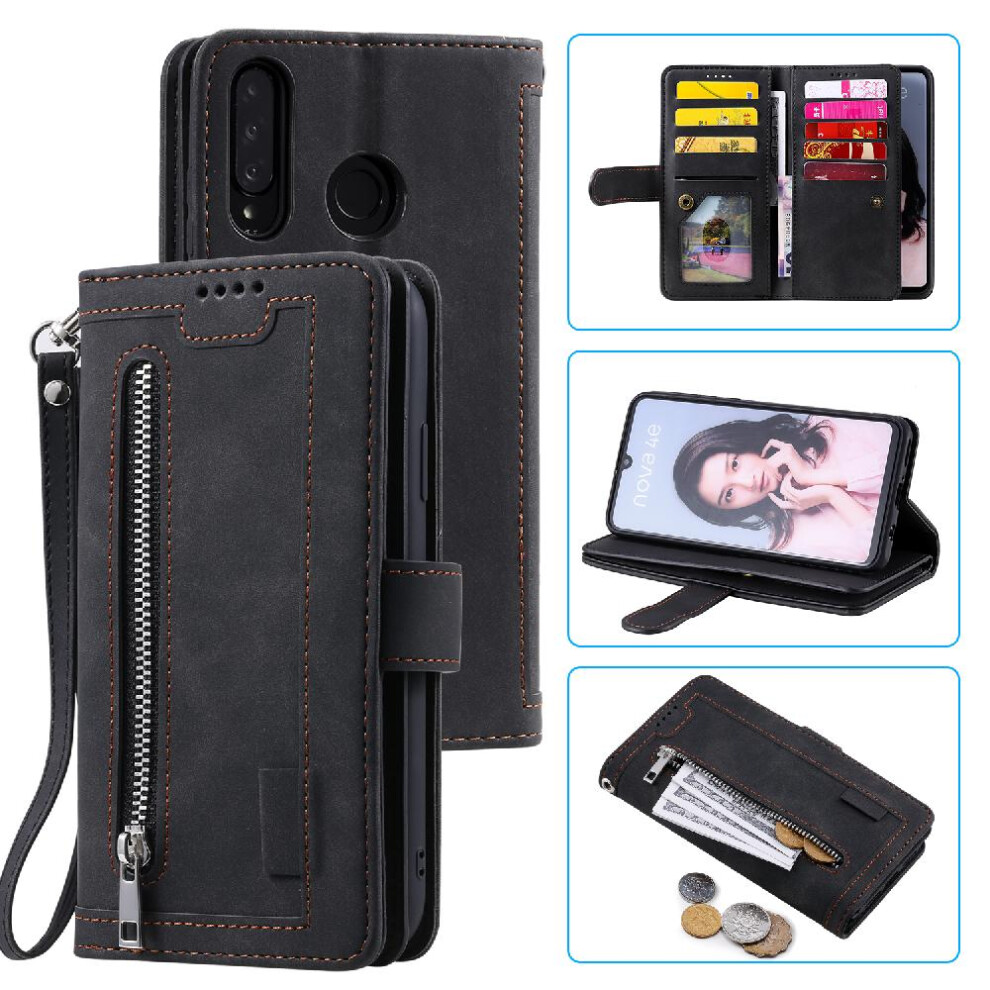 (Black) Flip Case For Huawei P30 Lite Pu Leather Kickstand Lanyard Wallet 9 Card Slots Black 764762744601