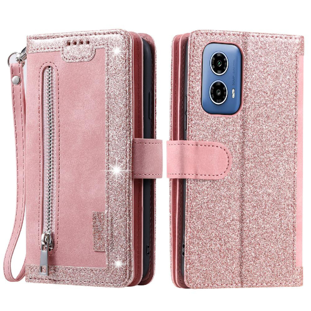 (Pink) Flip Case For Motorola Moto G34 5G Lanyard Wallet 9 Card Slots Pu Leather Kickstand Pink 764762744755