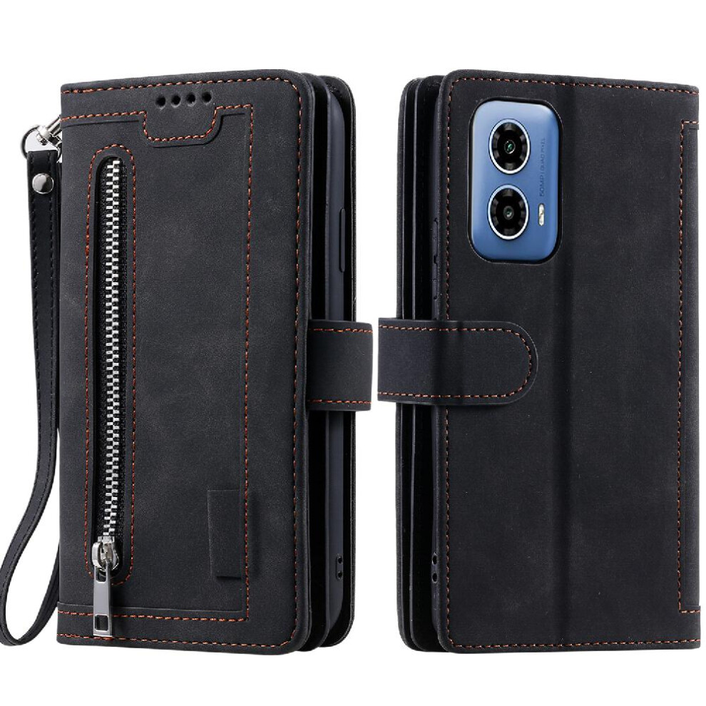 (Black) Flip Case For Motorola Moto G34 5G Lanyard Wallet 9 Card Slots Pu Leather Kickstand Black 764762744748