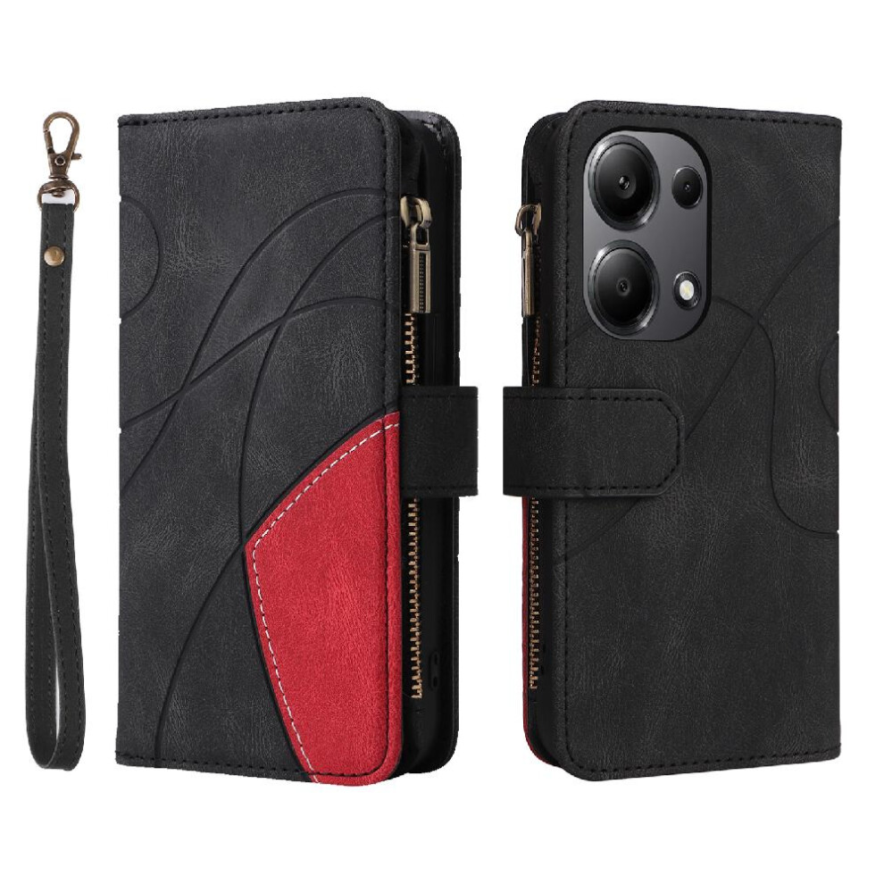 (Black) Case For Xiaomi Redmi Note 13 Pro 4G Nine Card Slots Two-Color Stitching With Card Slot Stand Zipper Wallet Style Kickstand Protective Black 764762746018