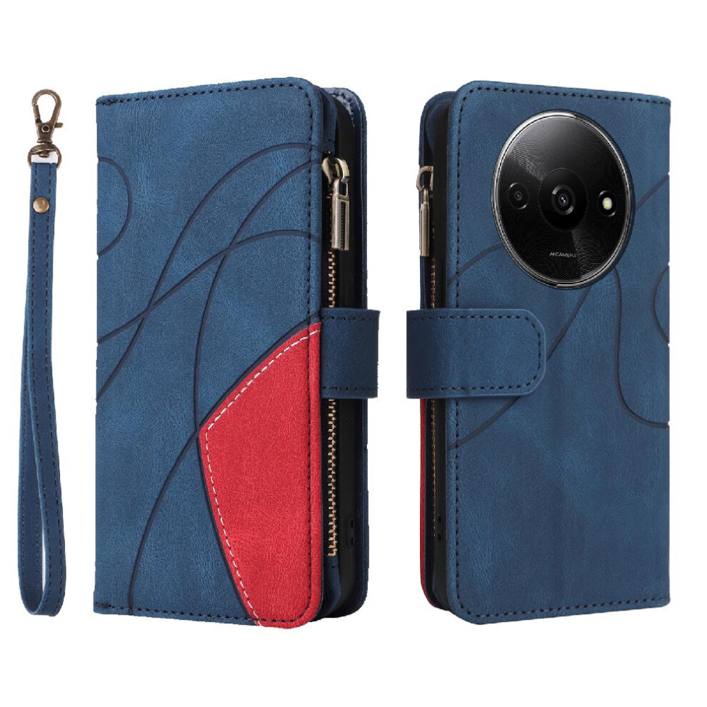 (Blue) Case For Xiaomi Redmi A3 Nine Card Slots With Card Slot Stand Kickstand Protective Two-Color Stitching Zipper Wallet Style Blue 764762746209