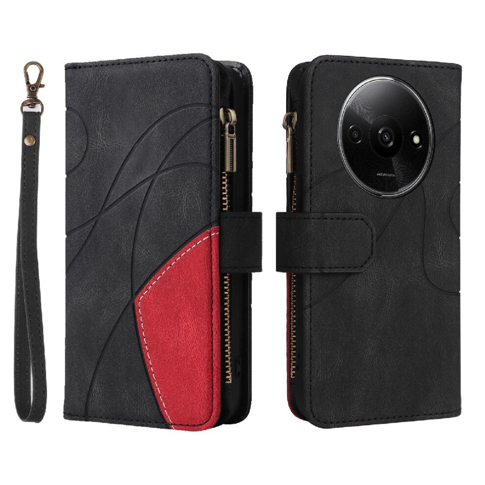 (Black) Case For Xiaomi Redmi A3 Nine Card Slots With Card Slot Stand Kickstand Protective Two-Color Stitching Zipper Wallet Style Black 764762746162