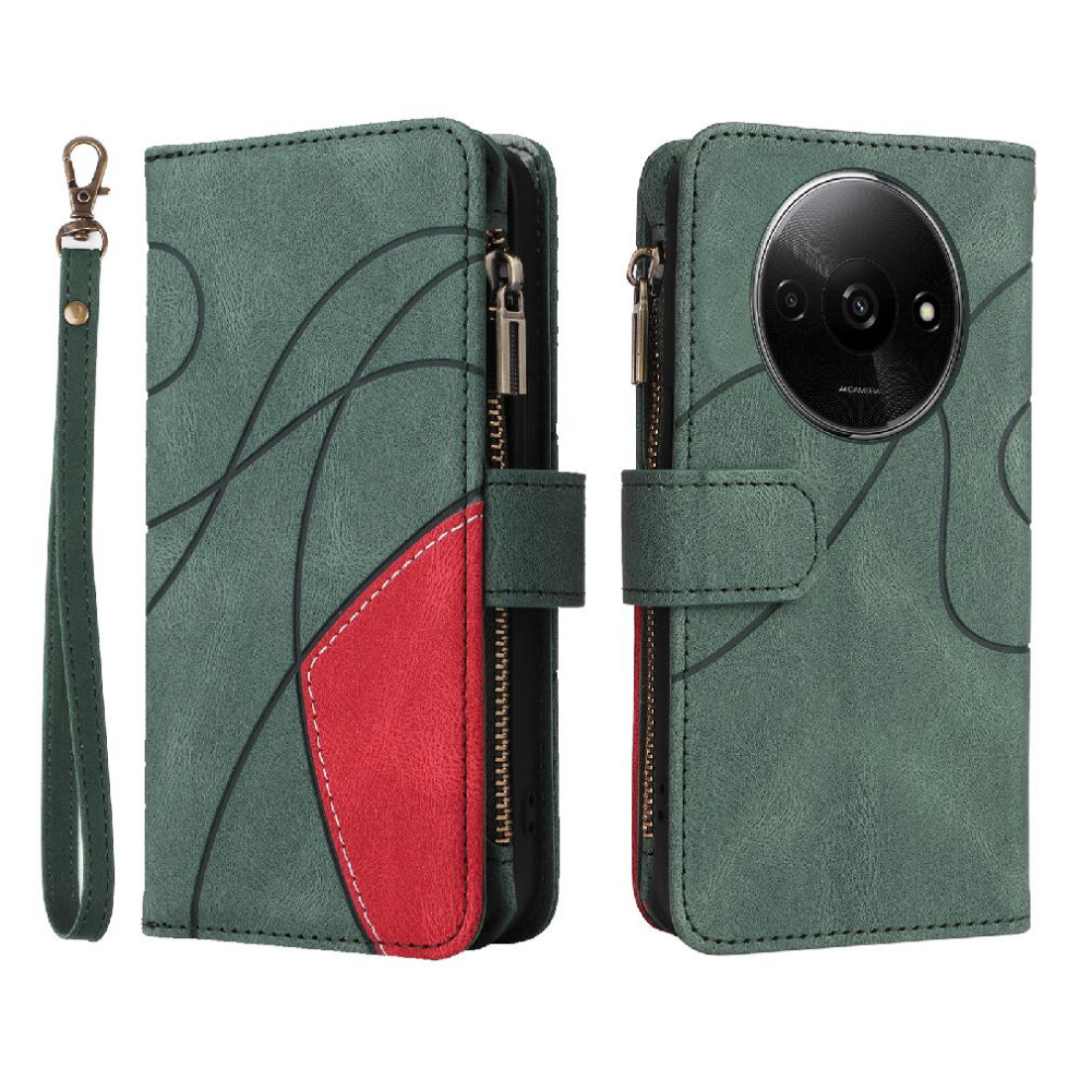 (Green) Case For Xiaomi Redmi A3 Nine Card Slots With Card Slot Stand Kickstand Protective Two-Color Stitching Zipper Wallet Style Green 764762746193