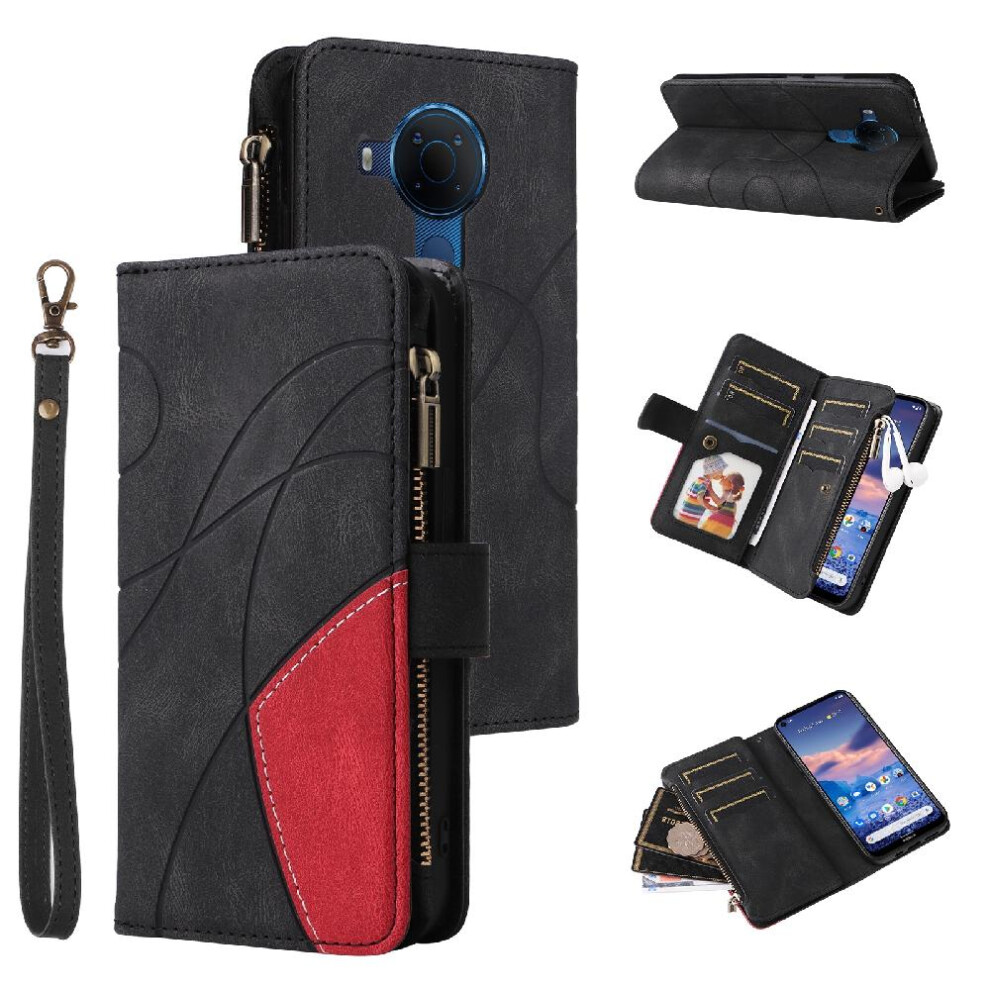 (Black) Case For Nokia 5.4 Nine Card Slots Two-Color Stitching With Card Slot Stand Zipper Wallet Style Kickstand Protective Black 764762746568