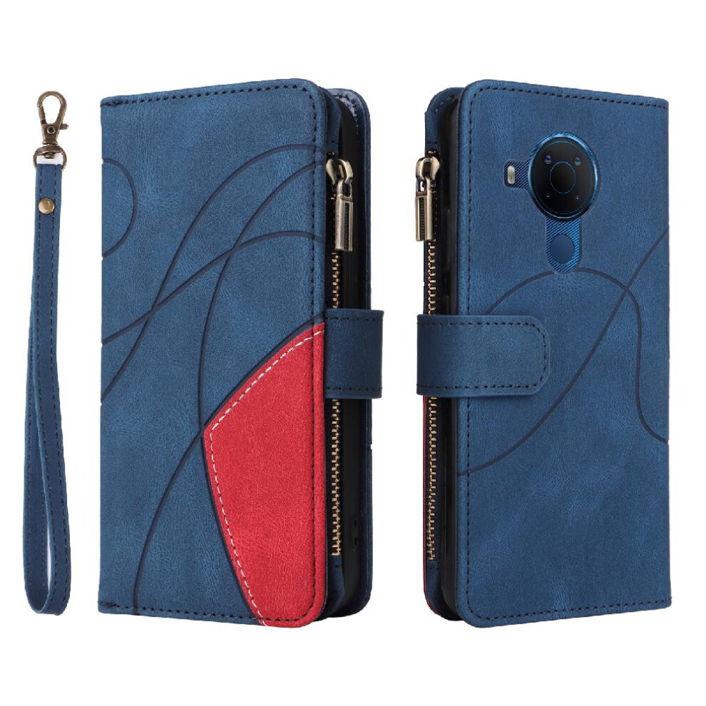 (Blue) Case For Nokia 5.4 Nine Card Slots Two-Color Stitching With Card Slot Stand Zipper Wallet Style Kickstand Protective Blue 764762746605