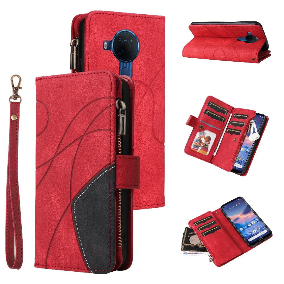 (Red) Case For Nokia 3.4 Kickstand Protective Two-Color Stitching Nine Card Slots With Card Slot Stand Zipper Wallet Style Red 764762746629