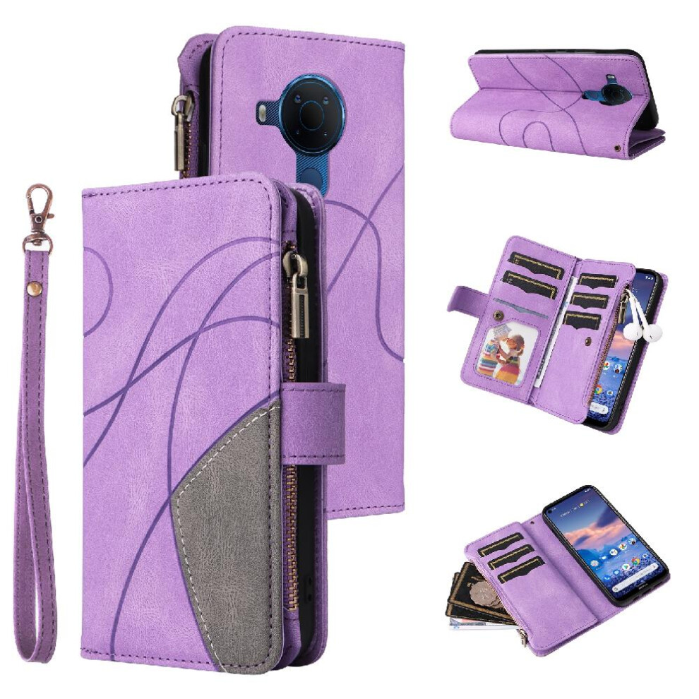 (Purple) Case For Nokia 3.4 Kickstand Protective Two-Color Stitching Nine Card Slots With Card Slot Stand Zipper Wallet Style Purple 764762746636
