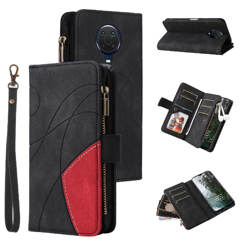 (Black) Case For Nokia G10/G20 With Card Slot Stand Two-Color Stitching Nine Card Slots Zipper Wallet Style Kickstand Protective Black 764762746766