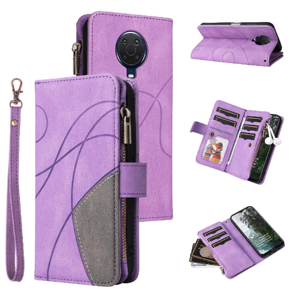 (Purple) Case For Nokia G10/G20 With Card Slot Stand Two-Color Stitching Nine Card Slots Zipper Wallet Style Kickstand Protective Purple 764762746780
