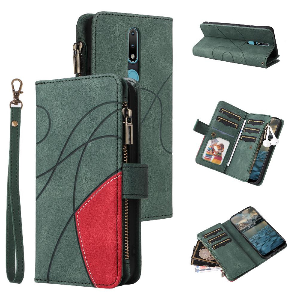(Green) Case For Nokia 2.1 With Card Slot Stand Nine Card Slots Kickstand Protective Two-Color Stitching Zipper Wallet Style Green 764762746896