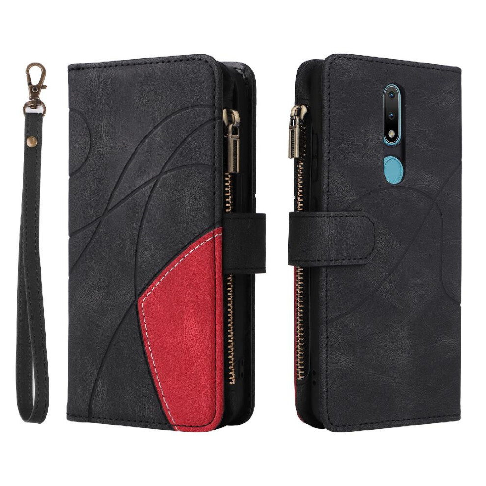 (Black) Case For Nokia 2.1 With Card Slot Stand Nine Card Slots Kickstand Protective Two-Color Stitching Zipper Wallet Style Black 764762746865