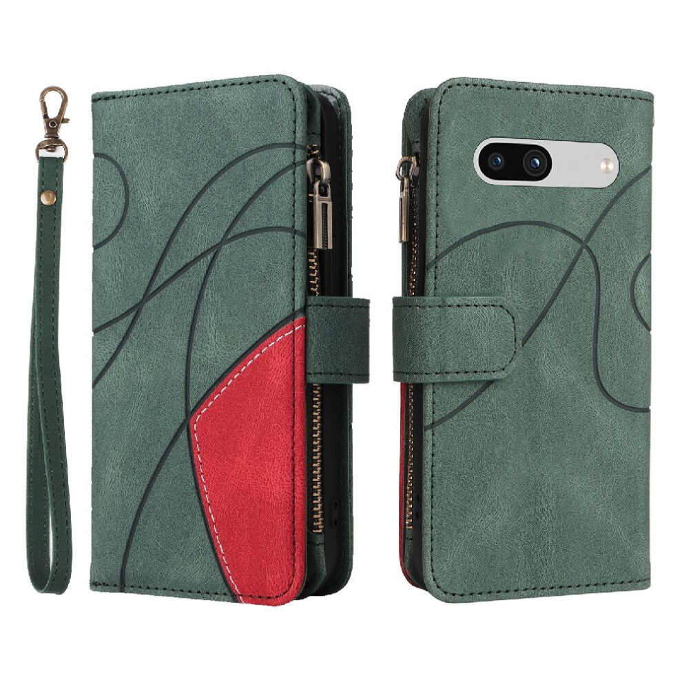 (Green) Case For Google Pixel 7A Kickstand Protective With Card Slot Stand Nine Card Slots Two-Color Stitching Zipper Wallet Style Green 764762747190