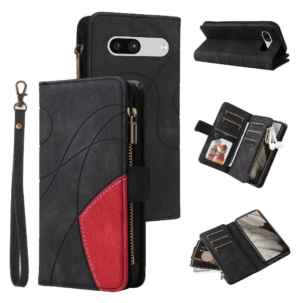 (Black) Case For Google Pixel 7A Kickstand Protective With Card Slot Stand Nine Card Slots Two-Color Stitching Zipper Wallet Style Black 764762747169