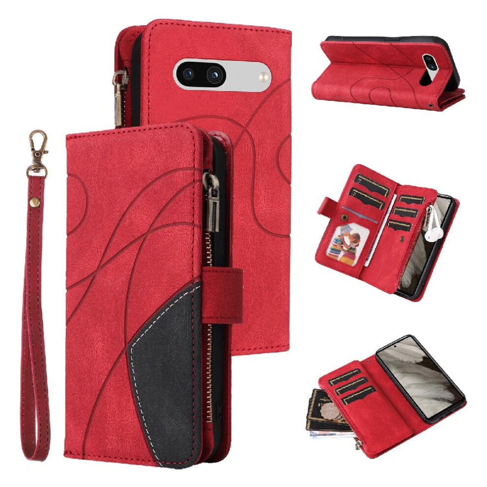 (Red) Case For Google Pixel 7A Kickstand Protective With Card Slot Stand Nine Card Slots Two-Color Stitching Zipper Wallet Style Red 764762747176