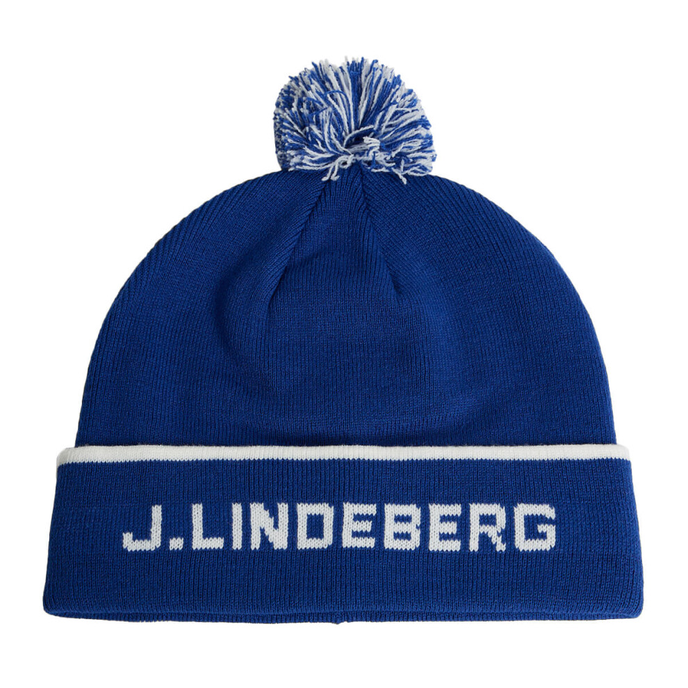 (One Size, Sodalite Blue) J.Lindeberg Mens Stripe Jacquard Warm Golf Beanie Bobble Hat