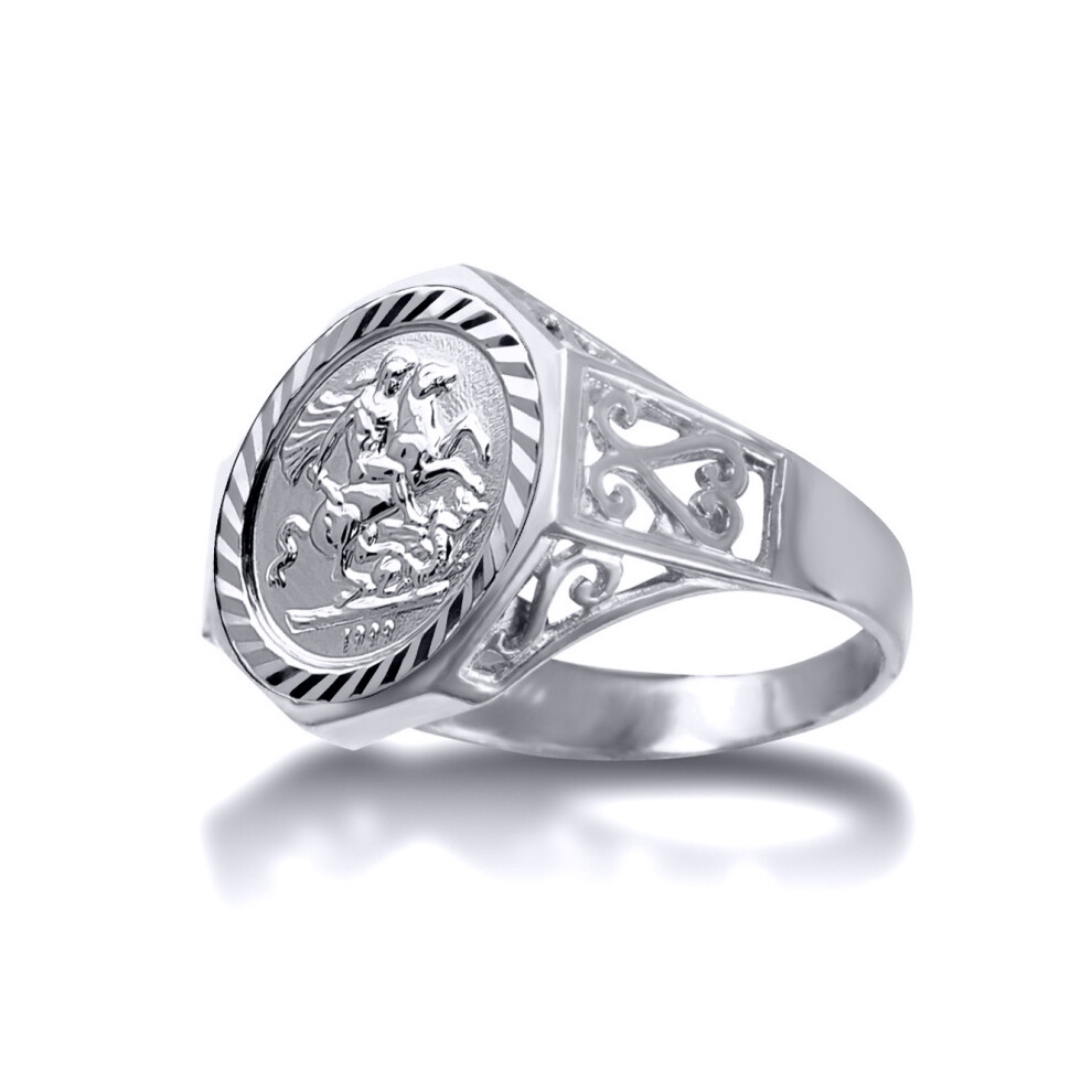 (K) Jewelco London Men's Solid Sterling Silver Octagon Scroll St George & Dragon Medallion Ring (10th Ounce Brittania Coin Size) - ARN156-T-SG