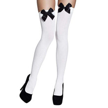 02271 - Bow Stockings, White with Black Bow, Hold-Up, Opaque, Over-the-Knees, Women, One Size, Carnival, Halloween, Fancy Dress, Theatre, Accessory