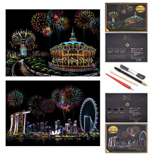 Scratch Paper Rainbow Painting Sketch, City Series Night Scene,Scratch Painting Creative Gift,Scratchboard Art for Adult and Kids,with 4 Tools