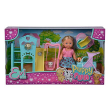 Evi Love Puppy Fun Doll with Three Cute Puppies and Great Dog Play/Swing, Slide and 2-in-1 Buggy / 12 cm/Suitable for Children from 3 Years