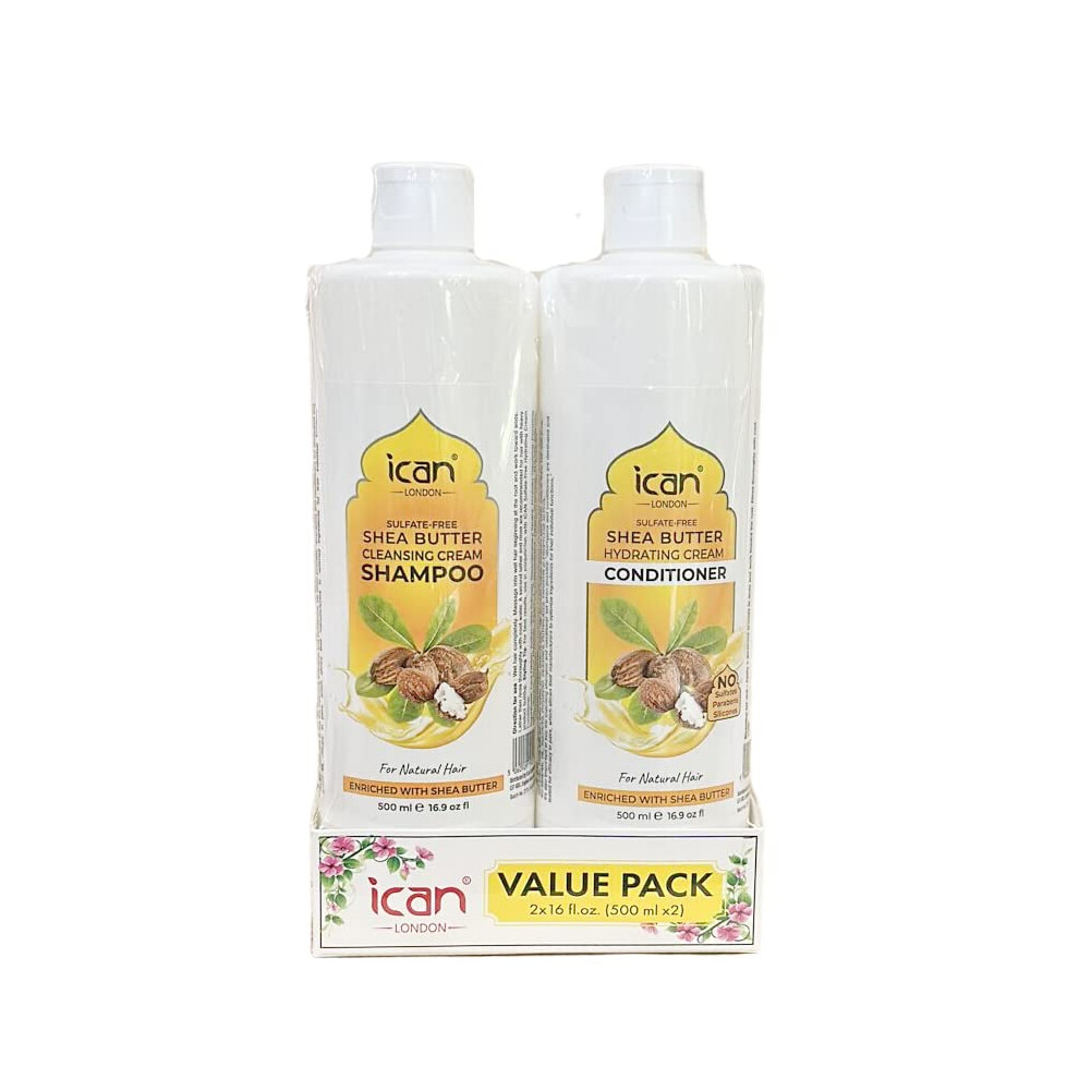Ican London Cream Shea Butter Sulfate Free Cleansing Shampoo + Sulfate Free Hydrating Conditioner Duo Pack 500Ml Each