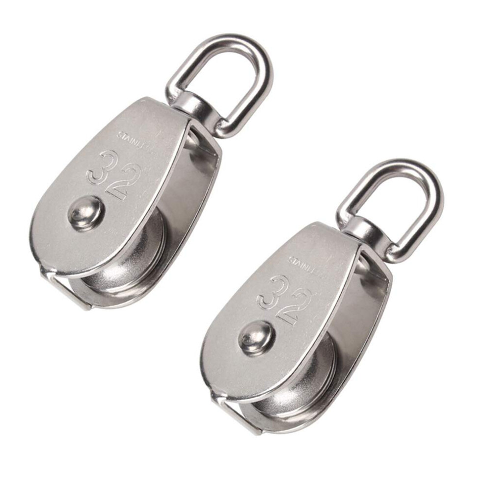 2 Piece 32 mm Single Pulley Block Heavy Duty Pulley Roller in 304 Stainless Steel Suitable for Rope or Cord in Indoor and Outdoor Loading 250kg-