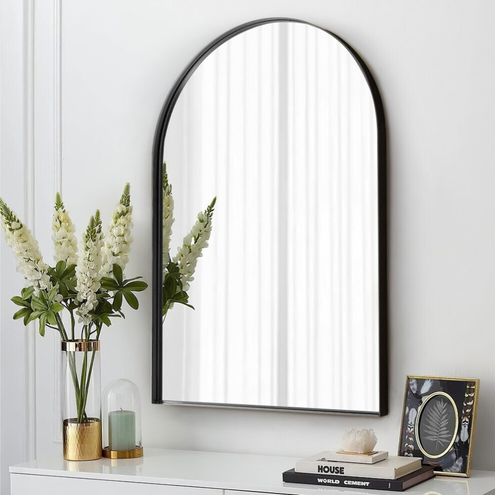 (Black) Arch-Shape Wall Mounted Metal Framed Bathroom Mirror Decorative W 500mm x H 750mm