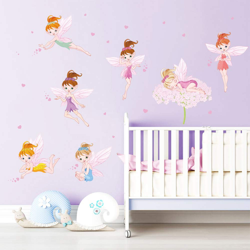 Flower Fairies Wall Stickers Pink Heart Wall Decals Art Decor for Girls Room Nursery Kids Bedroom