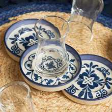 Zeher Blue Tea Service Set for 6 Person, Tea Glasses Set, 12 Pieces, Turkish Tea, Tea Glasses with Stoneware Saucers