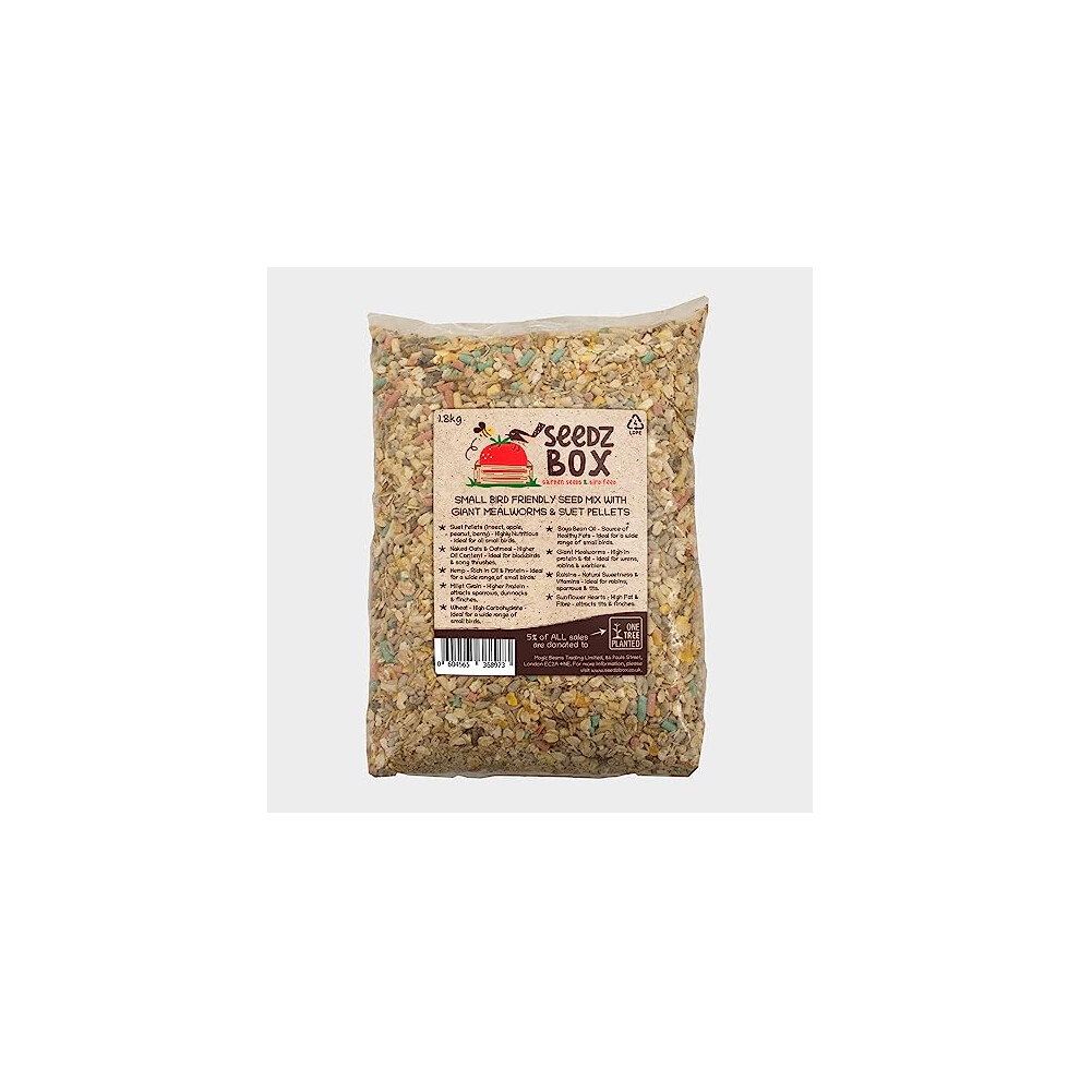 Wild Bird Food Seed Feed Mix with Suet Pellets For Small Garden Birds 1.8kg - SeedzBox - Deluxe Grains & Nuts - Natural Food for Wrens Robins &