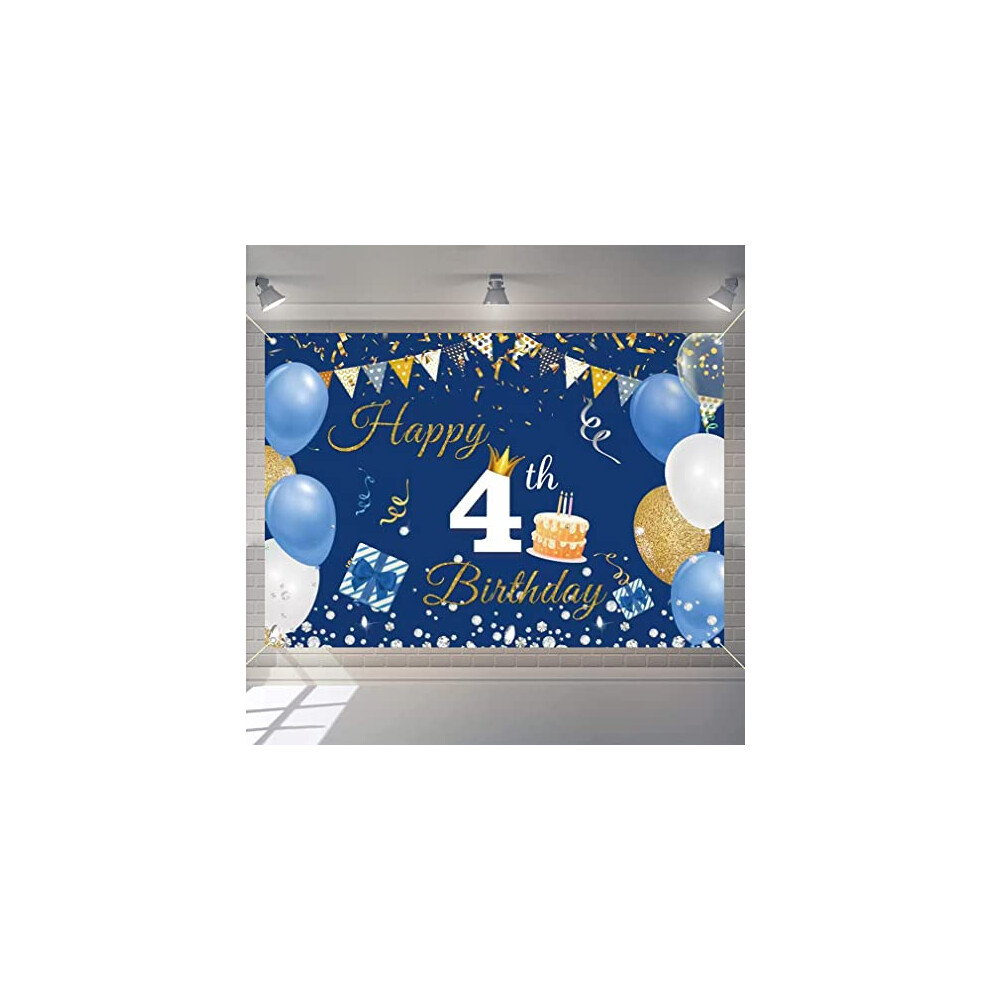 4th Birthday Decorations for Boy Girls Happy 4th Birthday Backdrop Banner 4 Years Old Fabric Sign Poster, Blue Photography Background Fourth Birthday