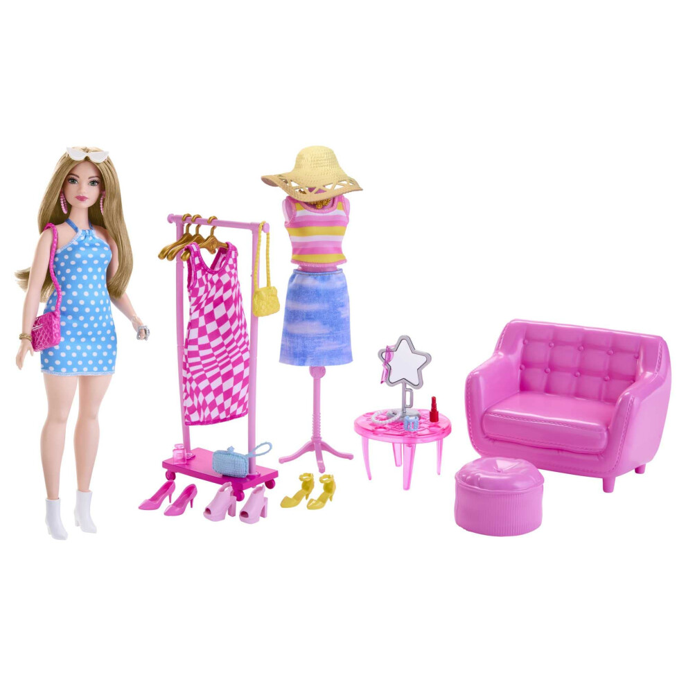 Doll and Fashion Set, Barbie Clothes with Closet Accessories like Rack and Mannequin, 32 Storytelling Pieces, HPL78