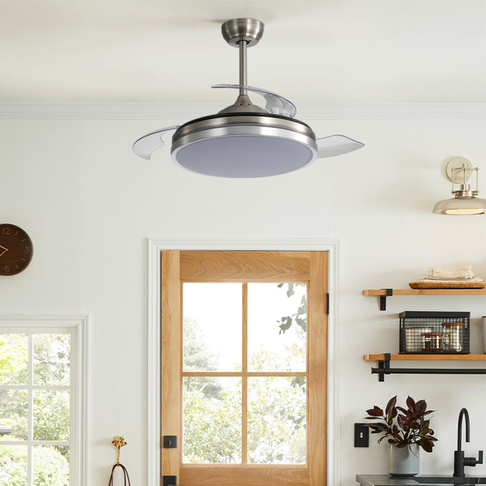 Smart Retractable Ceiling Fan with Lights 42 Inch Modern LED Ceiling Fan Lights with Remote Control and 6 Speed Brushed Nickel