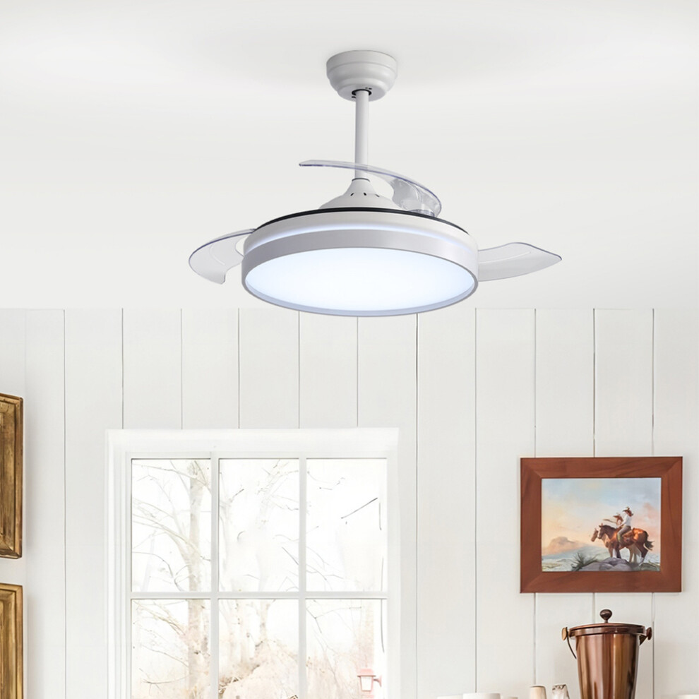 Smart Retractable Ceiling Fan with Lights 42 Inch Modern LED Ceiling Fan Lights with Remote Control and 6 Speed White