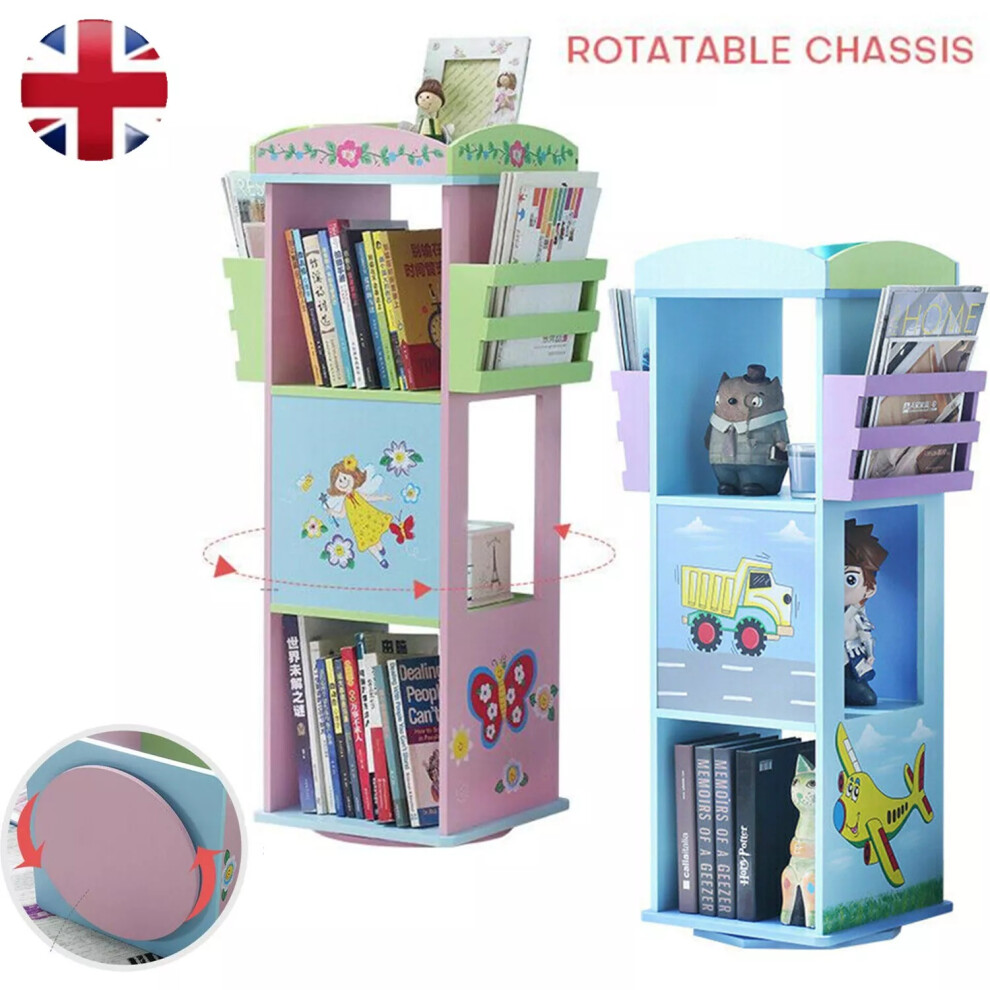 Kids Wooden Rotating Bookshelf 360 Display Bookcase Toy Storage Shelf Organizer