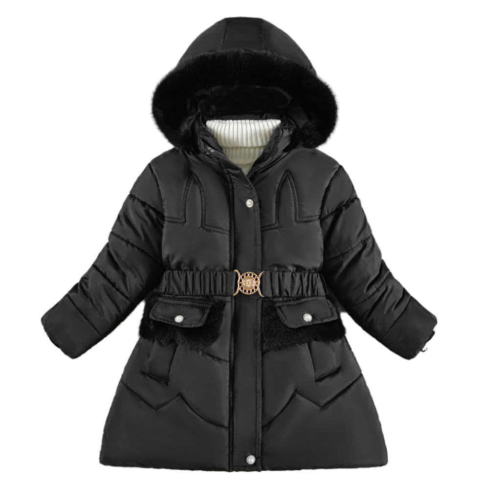 (Black, 6-7Years) Kids Girls Winter Fur Hooded Coats Warm Outwear KK