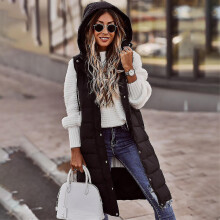 (Black, M) Women's Solid Color Hooded Single-breasted Mid-length Padded Vest Sleeveless Pocket Jacket