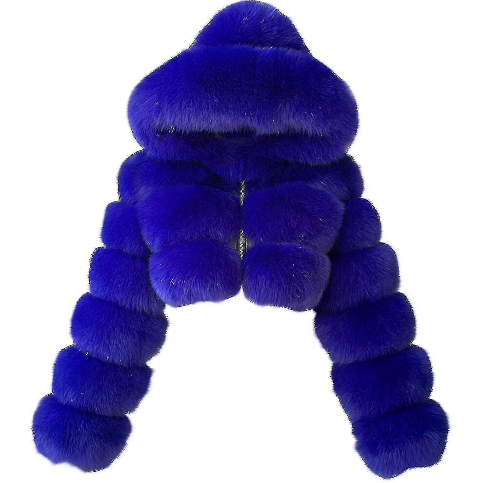 (Blue, XX-Large) Faux Fur Coat Women With Hood Cropped Bubble Coats Fleece Short Warm Jackets Plus Size Winter Coats For Women High Quality