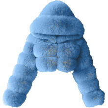 (Sky Blue, XX-Large) Faux Fur Coat Women With Hood Cropped Bubble Coats Fleece Short Warm Jackets Plus Size Winter Coats For Women High Quality
