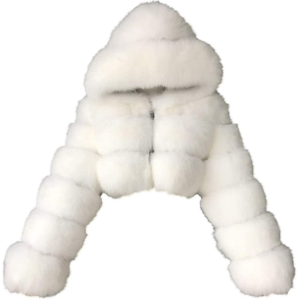 (White, Small) Faux Fur Coat Women With Hood Cropped Bubble Coats Fleece Short Warm Jackets Plus Size Winter Coats For Women High Quality