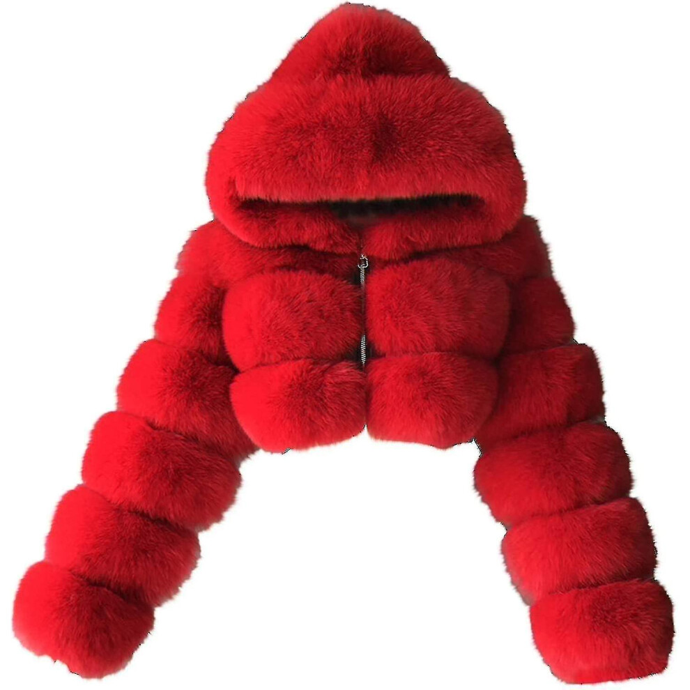 (Red, Large) Faux Fur Coat Women With Hood Cropped Bubble Coats Fleece Short Warm Jackets Plus Size Winter Coats For Women High Quality