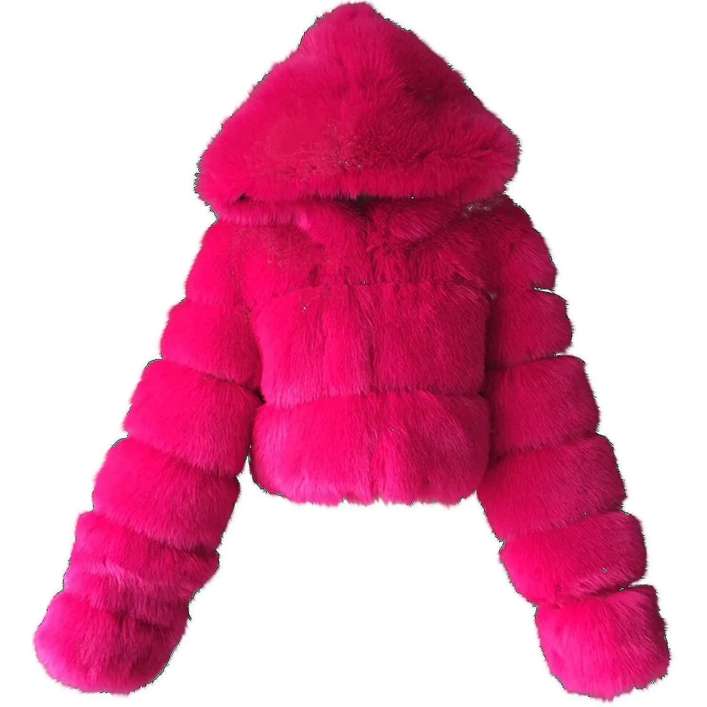 (Hot Pink, 3X-Large) Faux Fur Coat Women With Hood Cropped Bubble Coats Fleece Short Warm Jackets Plus Size Winter Coats For Women High Quality