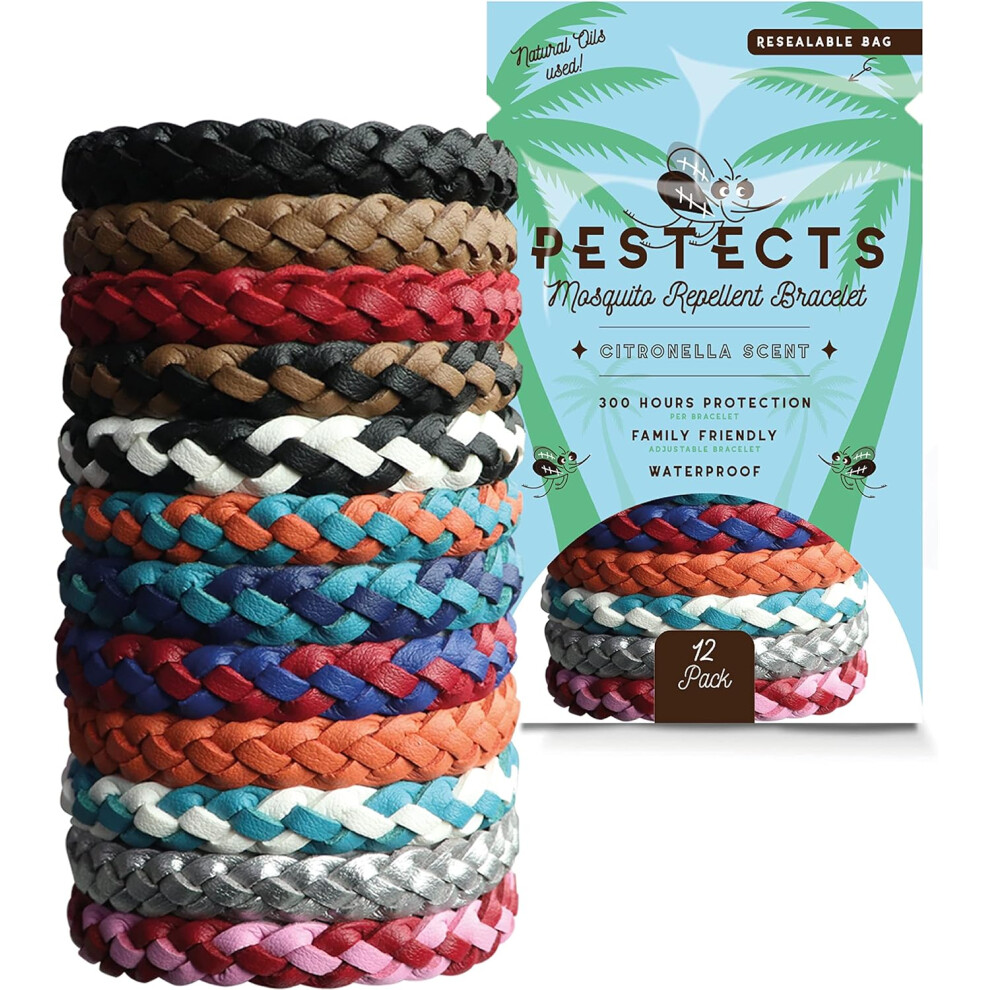 Pestects Mosquito Repellent Bracelet 12 Pack, Adjustable Leather