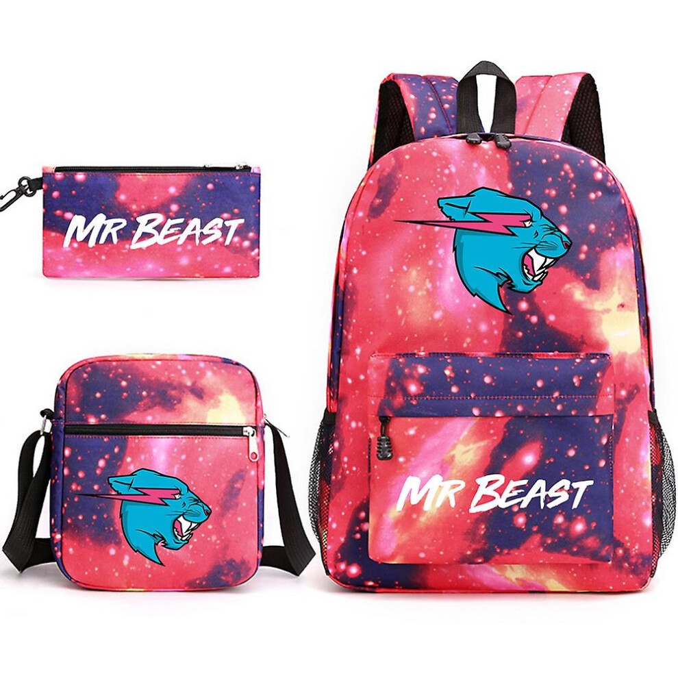 (Star Red 2) 3pcs Set Mr Beast Lightnings Cat Backpack School Crossbody Bag Pencil Case Gift