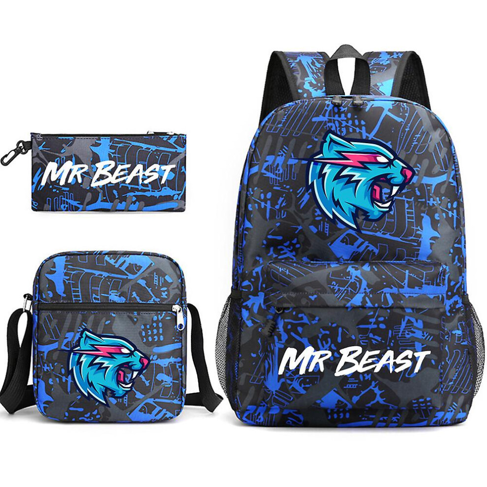 ( Flower 1) 3Pcs Set Mr Beast Lightnings Cat Backpack School Crossbody Bag Pencil Case Gift Blue