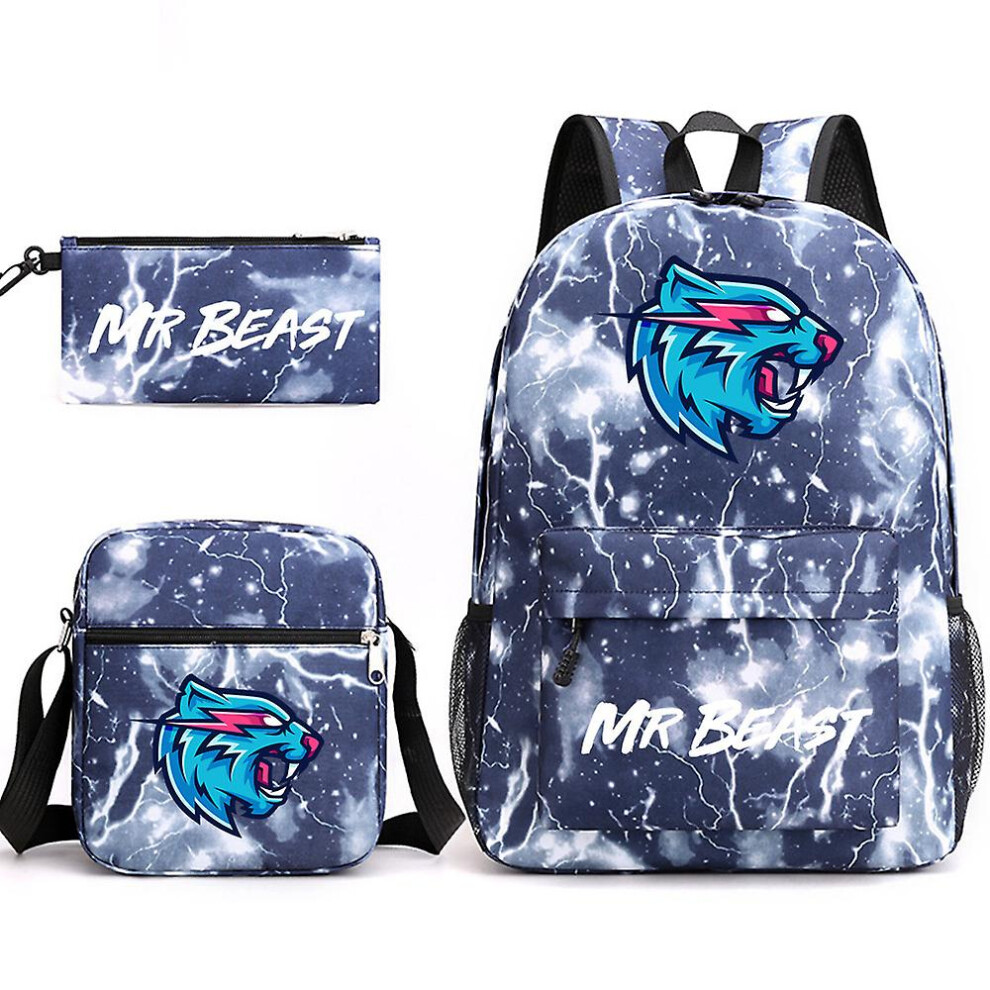 (Lightning 1) 3Pcs Set Mr Beast Lightnings Cat Backpack School Crossbody Bag Pencil Case Gift Blue