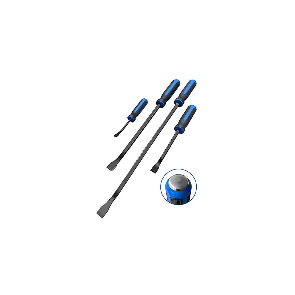 Pry Bar Set Heavy Duty, Thicker Hammer Strike Cap, Angled Tip, Mechanic Hand Tools For Automotive, Demolition, Nail Puller, Crowbar | 4-Piece | Blue 680306592609