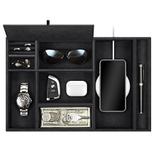 Valet Tray Desktop Organizer - 8 Compartments Catchall EDC Tray PU Leather Bedside Vanity Tray Nightstand Caddy Coin Box Key Jewelry Storage Organizer