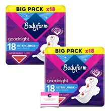 Bodyform Ultra Night Wing Duo, 18 Per Pack, for Super Heavy Flow - Case of 2