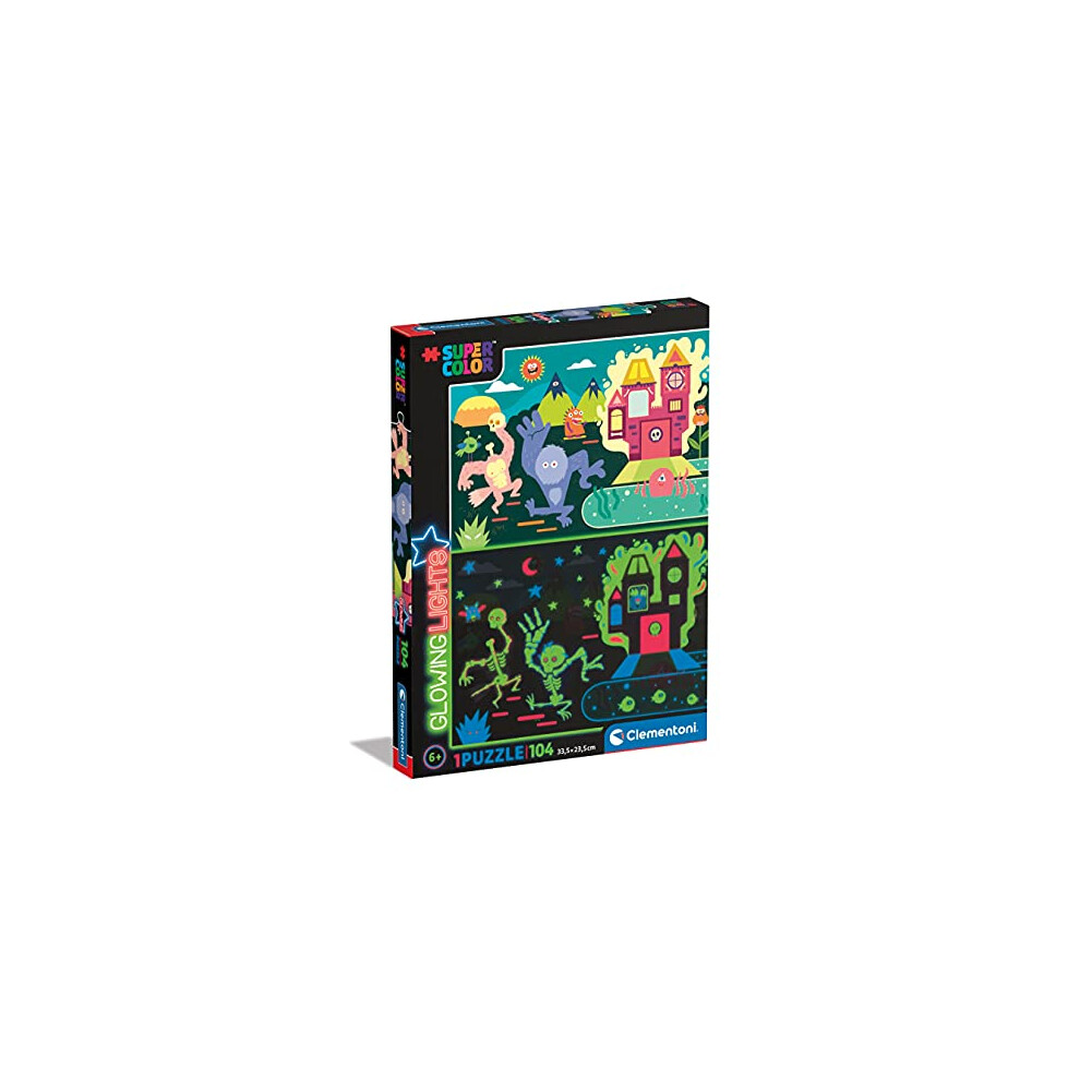 New Clementoni 27558 Lights Collection-Monsters, Glow In The -104 Pieces-Jigsaw Kids Age 6-Made In Italy, Cartoon Puzzles, Multicoloured Dark